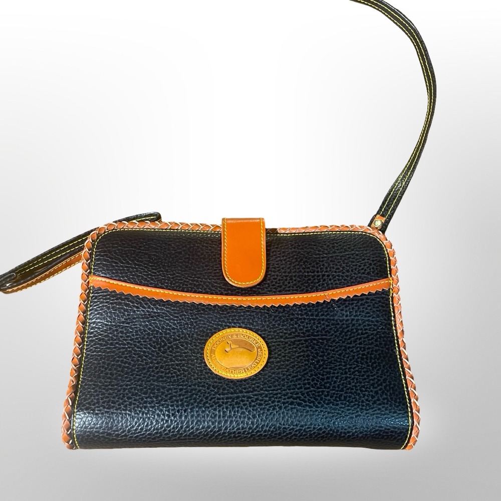Vintage‎ Dooney Bourke Navy Leather Orange Trim Flap Organizer Wallet Purse Bag